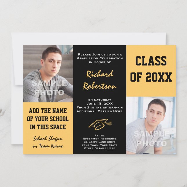 Black and gold School Colours Photos Graduation Invitation (Front)