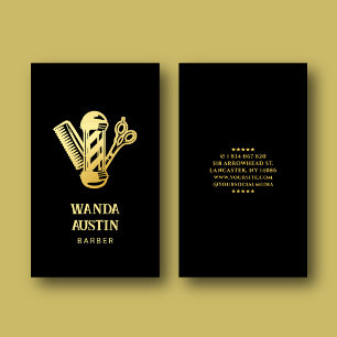 black and gold scissor comb barber pole barbershop business card