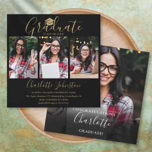 Black And Gold Script 4 Photo Graduation Party Inv Invitation