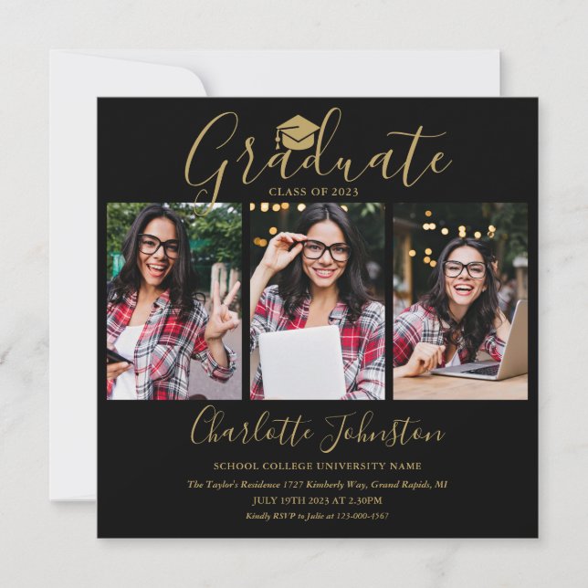 Black And Gold Script 4 Photo Graduation Party Invitation (Front)