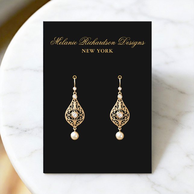 Black and Gold Script Earring Display Card (Customize to change text size, text color or text style on front and back of card.)