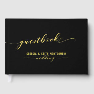Black And Gold Script Elegant Wedding Guest Book