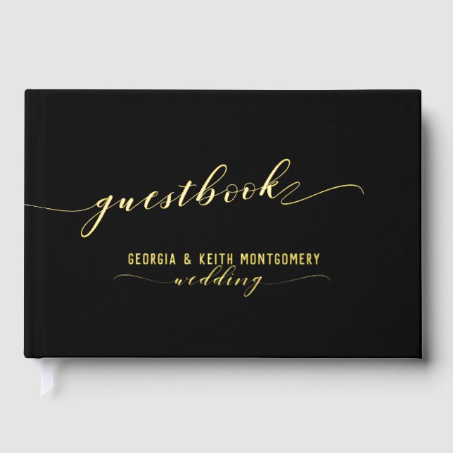Black And Gold Script Elegant Wedding  Guest Book (Front)