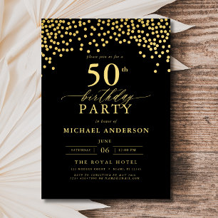 Black And Gold Script Fifty 50th Birthday Invitation