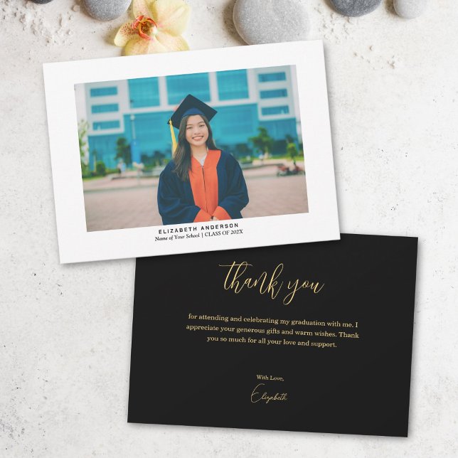 Black and Gold Script Graduate Photo Graduation Thank You Card (Creator Uploaded)