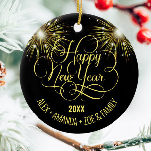 Black and gold Script Happy New year Ceramic Tree Decoration