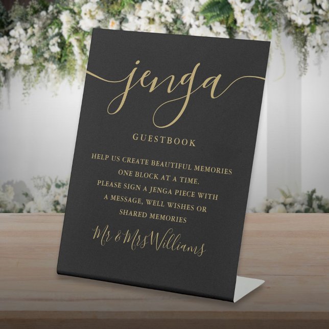 Black And Gold Script Jenga Wedding Guestbook Pedestal Sign (Black And Gold Script Jenga Wedding Guestbook Pedestal Sign)