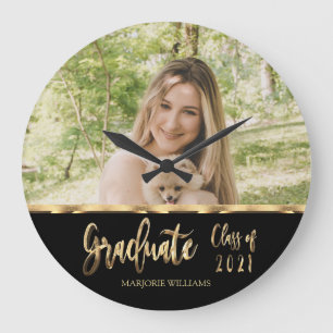 Black and Gold Script Photo Graduate Class of 2021 Large Clock