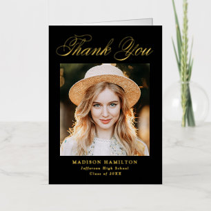 Black and Gold Script Photo Graduation Thank You Foil Greeting Card
