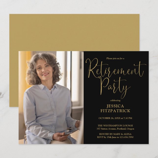 Black And Gold Script Photo Retirement Party Invitation (Front/Back)