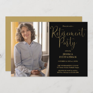 Black And Gold Script Photo Retirement Party Invitation