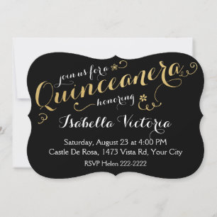 Black and Gold Script Quinceañera Invitation