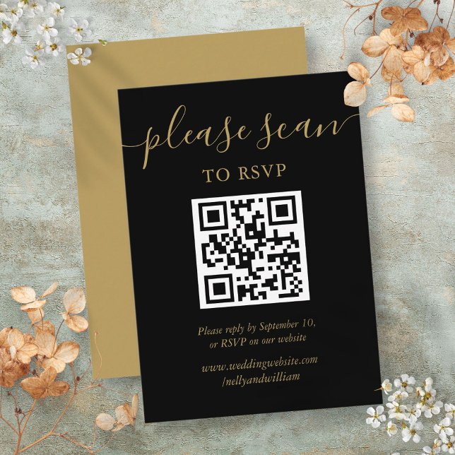Black And Gold Script RSVP QR Code Enclosure Card (Black And Gold Script RSVP QR Code Enclosure Card)