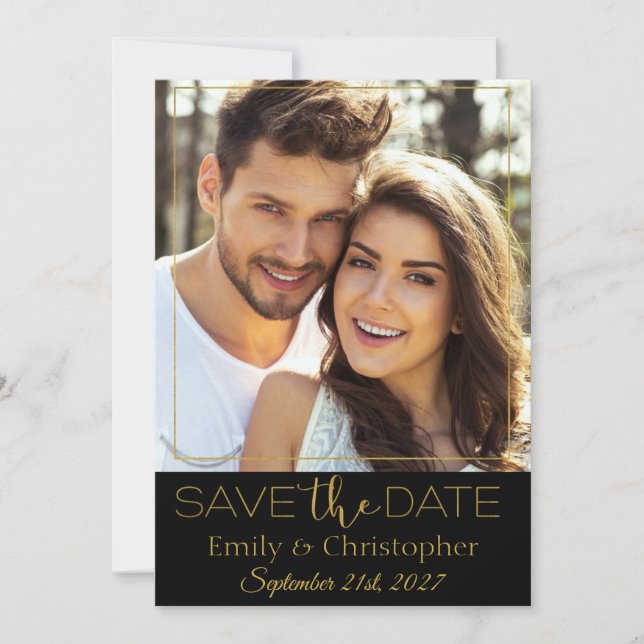 Black and Gold Script Save the Date Photo Card (Front)
