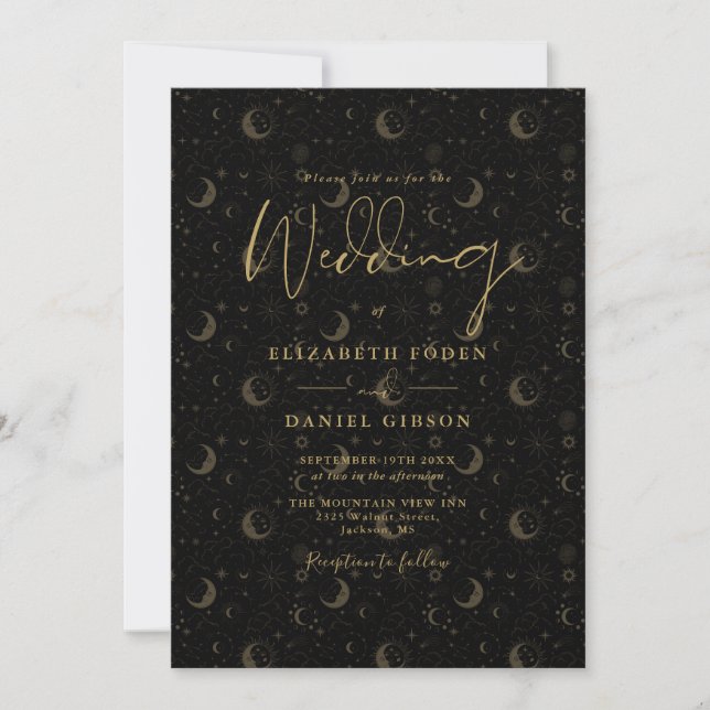 Black And Gold Script Stars Moon Celestial Wedding Invitation (Front)