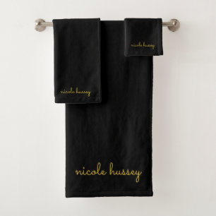 Black and Gold Script Stylish Monogram Modern Bath Towel Set