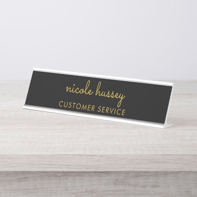 Black and Gold Script  | Stylish Monogram Modern Desk Name Plate (Front)