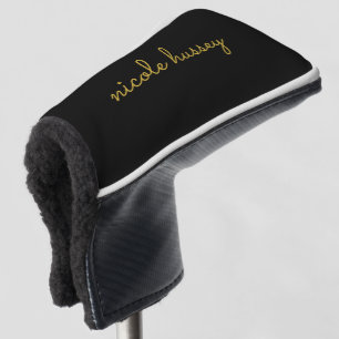 Black and Gold Script    Stylish Monogram Modern Golf Head Cover