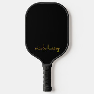 Black and Gold Script Stylish Monogram Modern Pickleball Paddle