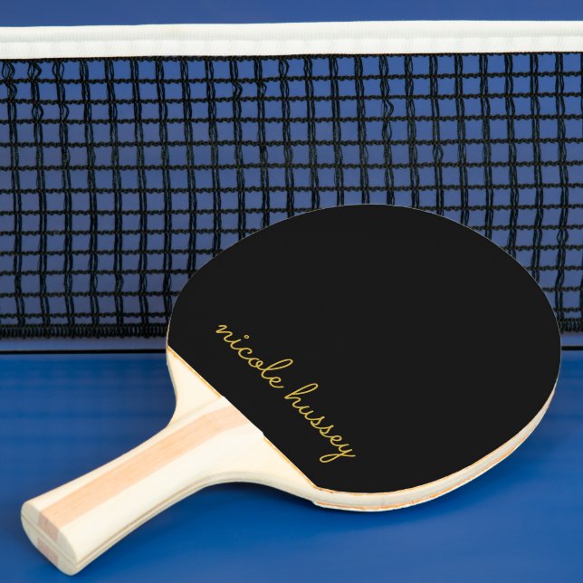 Black and Gold Script  | Stylish Monogram Modern Ping Pong Paddle (Insitu)