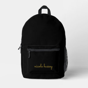 Black and Gold Script Stylish Monogram Modern Printed Backpack