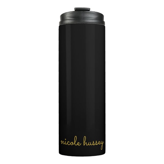 Black and Gold Script  | Stylish Monogram Modern Thermal Tumbler (Front)