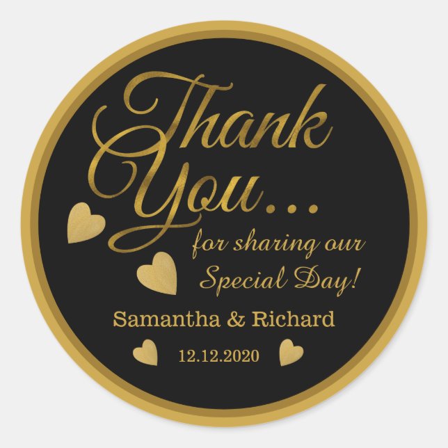 Black And Gold Script Thank You Wedding Favour   Classic Round Sticker (Front)