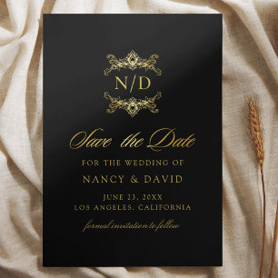 Black And Gold Script Typography Monogram Wedding Save The Date