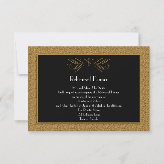 Black and Gold Scroll Accent Wed Rehearsal Dinner Invitation (Front)