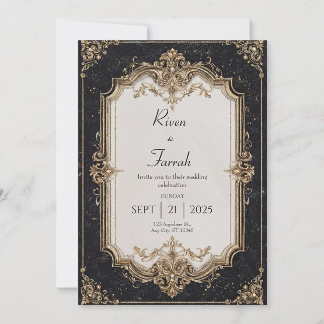 Black and Gold Scroll Frame Wedding Invitation (Front)