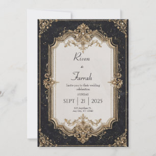 Black and Gold Scroll Frame Wedding Invitation