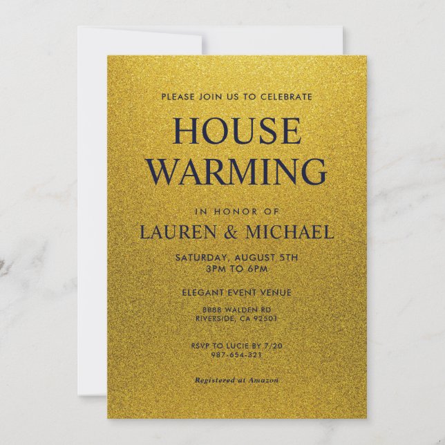 Black and Gold Shining Glitter House Warming Invitation (Front)