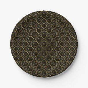 Black and Gold Shiny Geometric Pattern Elegant Paper Plate