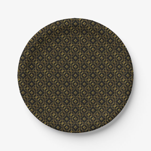 Black and Gold Shiny Geometric Pattern Elegant Paper Plate (Front)