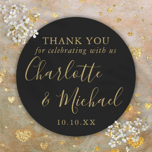 Black And Gold Signature Wedding Favour Thank You Classic Round Sticker