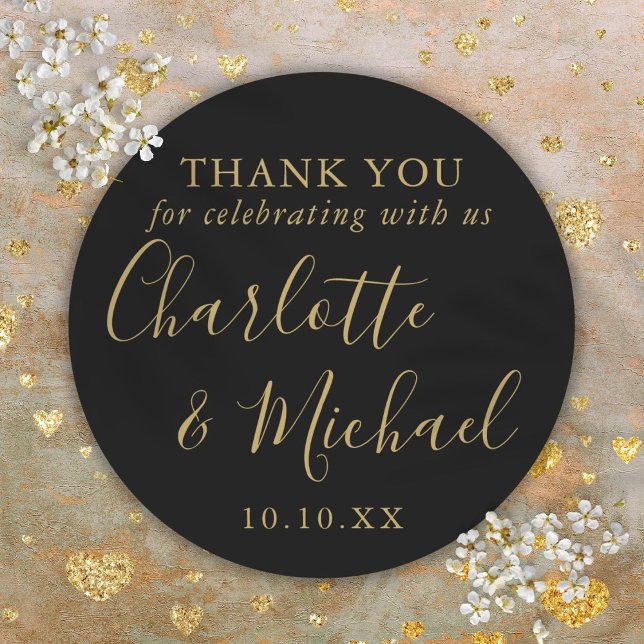 Black And Gold Signature Wedding Favour Thank You Classic Round Sticker (Black And Gold Signature Wedding Favor Thank You Classic Round Sticker)