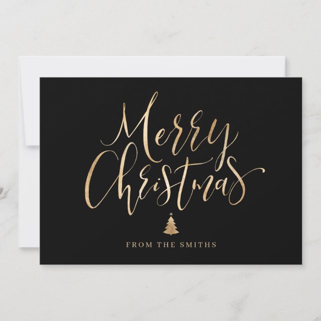 black and gold simple calligraphy Christmas Holiday Card (Front)