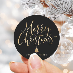 Black and Gold Simple Calligraphy Merry Christmas Classic Round Sticker
