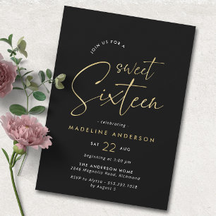 Black and Gold Simple Glam Sweet 16 Birthday Invitation