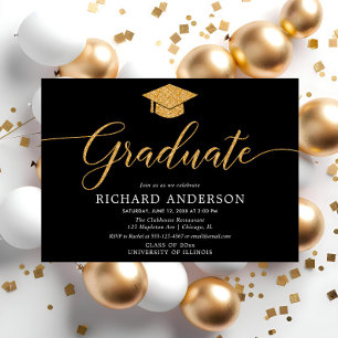 Black and gold simple graduation party Graduate Invitation