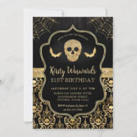 Black and Gold Skull and Bats Damask 21st Birthday