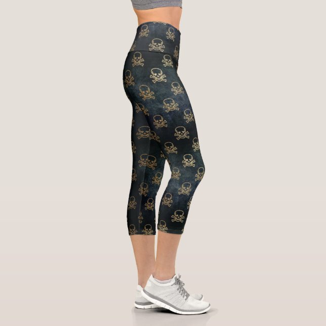 Black and Gold Skull & Crossbones Pattern Capri Leggings (Right)