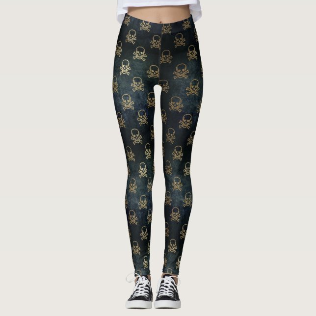 Black and Gold Skull & Crossbones Pattern Leggings (Front)