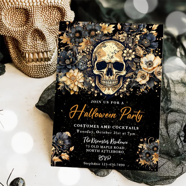 Black And Gold Skull Halloween Party Invitation (Creator Uploaded)