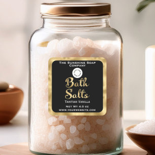 Black and gold small bath salts label with logo