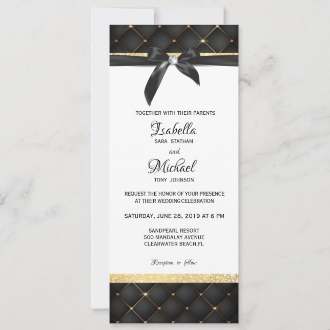 Black and Gold small diamond bow invitation (Front)