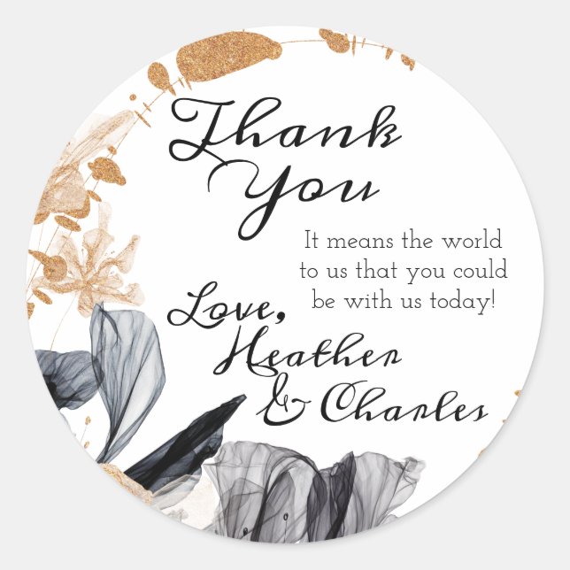Black and Gold Smoke Flowers Wedding Favour Sticke Classic Round Sticker (Front)