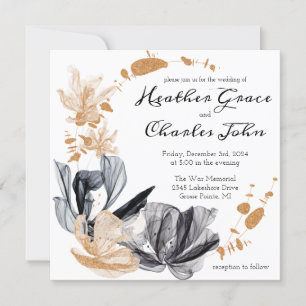 Black and Gold Smoke Flowers Wedding Invitation