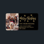 Black and Gold Snowflake Christmas Return Address Label<br><div class="desc">Modern Black and Gold Snowflake Photo Merry Christmas Script Holiday Christmas Return Address Labels. Features a „Merry Christmas” script,  one family photo,  snowflakes on black background. Great for Christmas holiday season,  easy to personalise them with your names and return address info.</div>