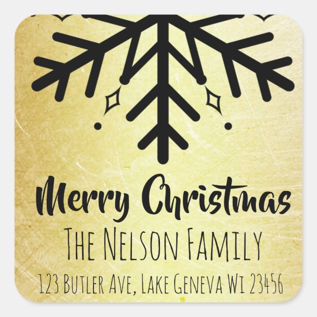 Black and Gold Snowflake Personalised Christmas Square Sticker (Front)